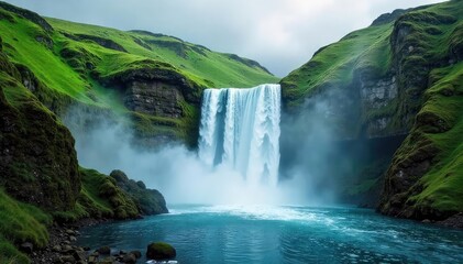 Wall Mural - Serene Cascading Waterfall in Lush Green Hills Misty Spray and Tranquil Wilderness Scene Perfect for Travel, Nature, and Environmental Projects