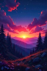 Wall Mural - Twilights Embrace Vibrant Sunset Hues Paint the Night Sky as Stars Begin to Twinkle Over a Peaceful Landscape