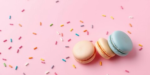 Wall Mural - Pastel rainbow sprinkles on a light pink background, with a few scattered macarons, pastel, delicious