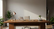 © Iis - Modern minimalist home office workspace with wooden desk, laptop, and plants.