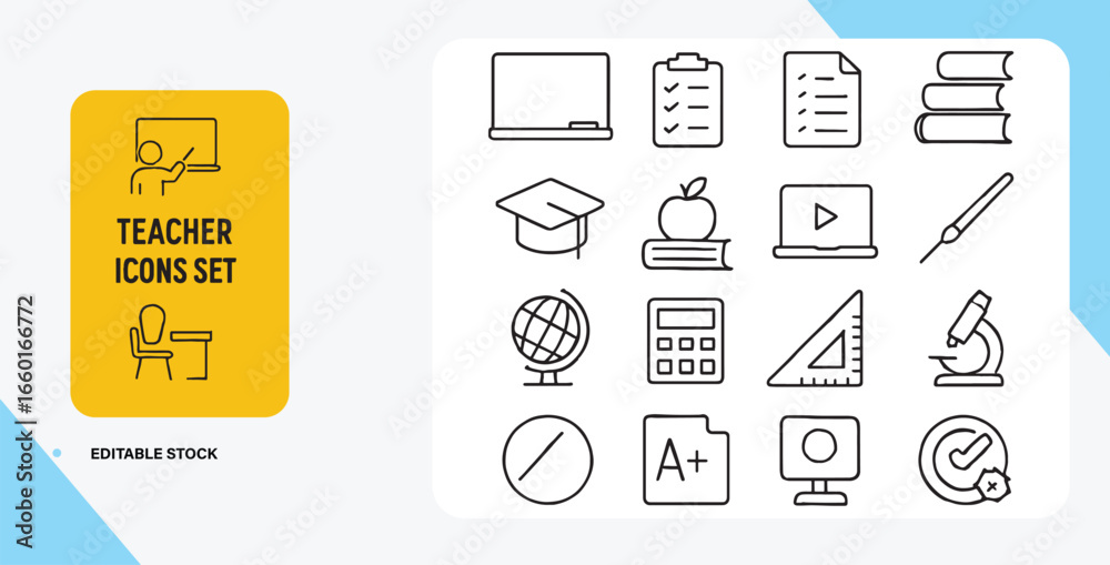 Comprehensive Teacher Icon Set Featuring Education Symbols and Tools ...