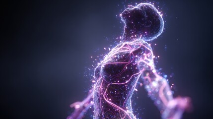 Wall Mural - Medical visualization of a teenager with glowing nervous system and gut, showing relief from social stress, arms outstretched and head back