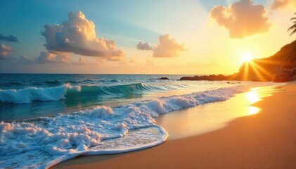 Wall Mural - Serene coastal scene at sunrise, tranquil ocean waves gently lapping the shore, soft golden light illuminating the sand and sky Perfect for travel, vacation, or nature themes , wave, shoreline