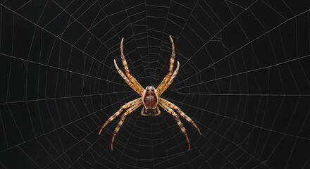 Close-up of Spider on Web, Dark Background.