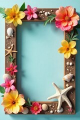 Wall Mural - A rustic wooden frame adorned with vibrant summer flowers, seashells, and starfish, creating a charming summery display Perfect for seasonal decor and crafting projects , summer vibe, nature