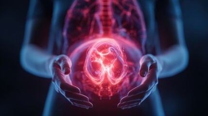 Wall Mural - Pregnant woman gently cradling growing belly, revealing translucent medical visualization of developing fetus with soft luminescent glow inside womb