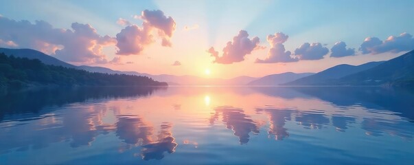 Wall Mural - Serene Still Water Reflecting Tranquil Sky A Peaceful Landscape for Meditation and Relaxation