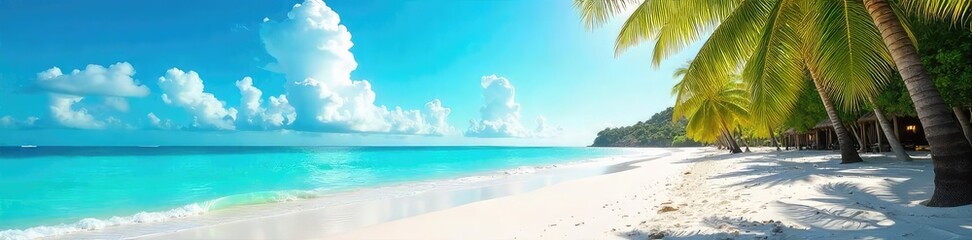 Wall Mural - Sun-drenched beach scene with turquoise water, palm trees swaying gently in the breeze, and white sand Perfect for summer vacation themes , paradise, happy
