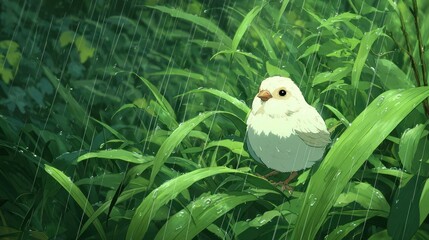 small white bird in rain-soaked grass
