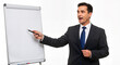 © DEGE - Professional businessman confidently presenting ideas using a flip chart during a business meeting on an isolated white background