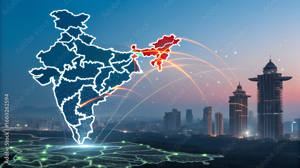 Indian Data Map Digital map of india with data connections and cityscape at dusk in the ...