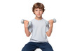 © The Stock Guy - Handsome fit boy lifting dumbbells, exercising and looking at the camera with a determined expression, isolated on transparent background