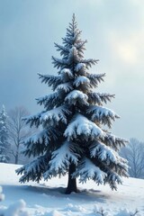 Wall Mural - Serene Snowy Christmas Tree A solitary frosted tree stands majestic in a breathtaking arctic winter landscape, its snow-laden branches creating a beautiful, chilly Christmas scene.