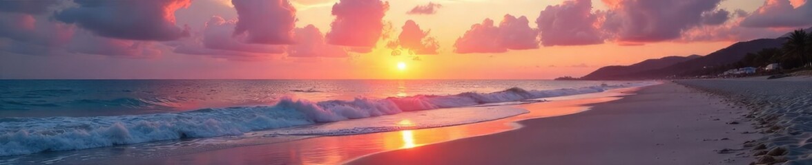 Wall Mural - Serene Sunrise Seascape Golden Hour Light Paints Vibrant Sky and Calm Ocean Waves on Tranquil Beach