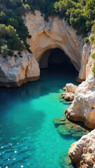 Wall Mural - Secluded cove bathed in summer sunlight, tranquil turquoise water laps gently against the rocky shore, offering a serene escape Perfect for travel, vacation, and nature themes , nature, serene
