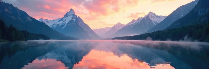 Wall Mural - Serene mountain lake landscape at sunrise, mist clinging to the water, reflecting the majestic peaks Perfect for travel, nature, and outdoor adventure themes , lake, rocks