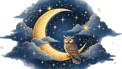 Owl Perched on Moon Watercolor Illustration