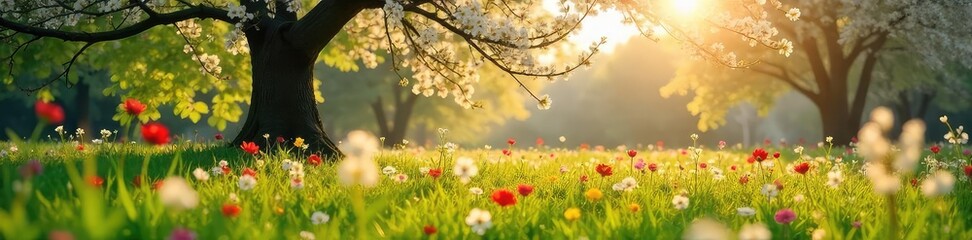 Wall Mural - Spring Meadow Wildflowers Sunlight Dapples Blossoming Trees in a Gentle Breeze, Capturing Pure Joy and Natural Beauty