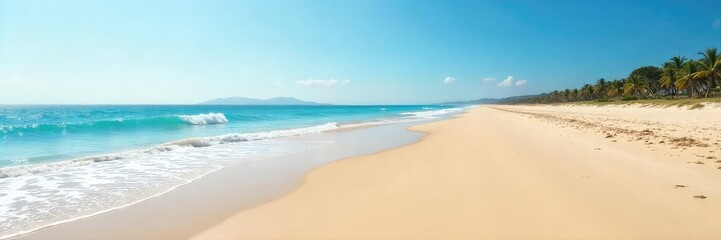 Wall Mural - Serene Golden Beach Vast Sands Stretching to the Horizon Under a Clear Sky, Gentle Waves and Undisturbed Natural Beauty, Perfect for Travel and Relaxation