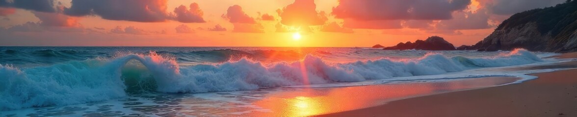 Wall Mural - Vibrant Sunrise over Ocean Waves Crashing on Sandy Shore Peaceful Power and Effortless Joy