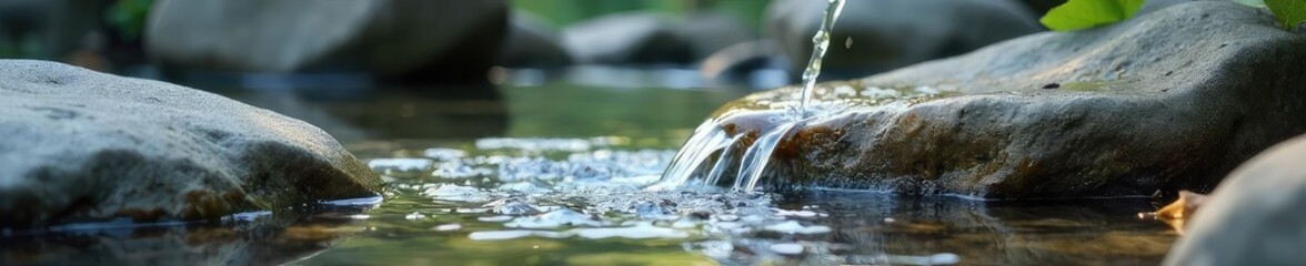 Wall Mural - Serene Tranquil Spring Flowing Water Over Grey Stones, Peaceful Nature Scene Ideal for Relaxation and Meditation