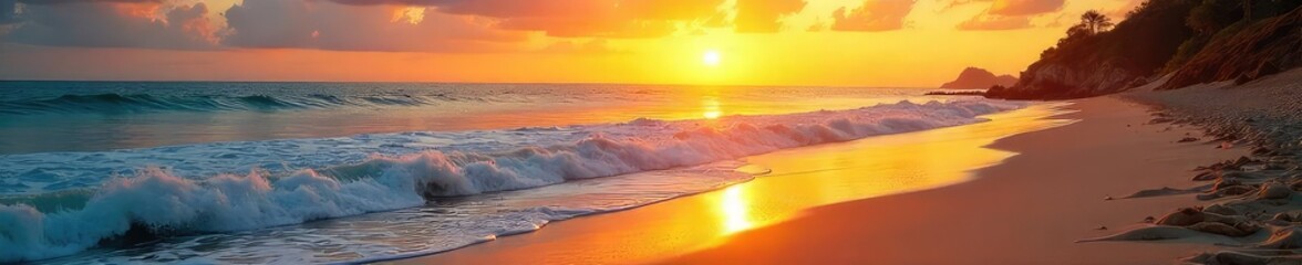 Wall Mural - Serene Sunset on Sandy Beach Tranquil Ocean Waves and Golden Light Bathe Idyllic Coastal Scene, Perfect for Travel and Vacation Projects