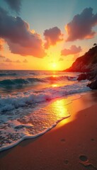 Wall Mural - Serene Sunset Coastal Scene Golden Light Bathes Sandy Shore and Calm Ocean Waves, Creating a Tranquil and Peaceful Atmosphere Perfect for Travel, Nature, or Relaxation Themes.