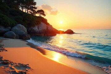 Wall Mural - Serene summer cove scene at golden hour, tranquil water reflecting the warm sunset light on the sandy shore, idyllic coastal landscape , scenery, blue, relaxation