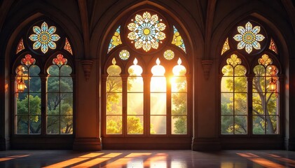 Wall Mural - Sunlight Streams Through Stained Glass Angel Windows, Illuminating a Serene Interior Space. Perfect for Religious, Spiritual, or Home Decor Projects.