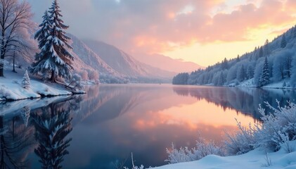 Wall Mural - Serene winter lake scene at sunrise, frosted trees reflected in still, icy water Perfect for winter wonderland, travel, or nature themes , quiet, environment
