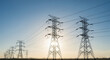 © DM Studio - Silhouettes of power lines and towers stretching into the distance at sunset.