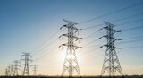 Silhouettes of power lines and towers stretching into the distance at sunset.