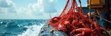 Heavy-Duty Lobster Trawl Net Pulled Aboard Fishing Vessel, Ocean Spray, Successful Catch, Sustainable Fishing