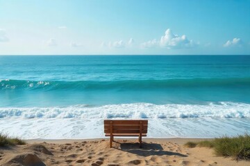 Wall Mural - A solitary seat overlooks a vast, tranquil ocean; waves gently lap the shore, creating a serene and peaceful atmosphere Perfect for travel, relaxation, and coastal themes , waves, travel