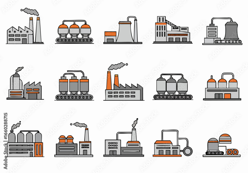 Flat Design Industrial Building Icons Collection: Factories, Plants ...