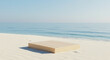 © Carina - Pódio de Madeira na Areia da Praia com Fundo do Mar e Céu Azul – Mockup Minimalista de Verão