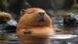 © Kagezt2 - 茶色の毛皮のカピバラが水浴びをしている 自然の中でリラックスした動物の姿