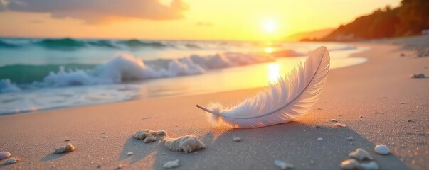 Wall Mural - Serene Sunset Beach Scene Soft White Feathers Scattered on Golden Sand, Gentle Waves, Peaceful Atmosphere, Perfect for Relaxation and Travel