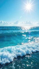 Wall Mural - Tranquil Sunlit Ocean Waves Gently Lap the Shore at Horizon, Creating a Serene Seascape Perfect for Travel and Nature Photography
