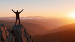 © GrayFrog - Man standing on top of a mountain cliff with raised arms celebrating success at sunrise.