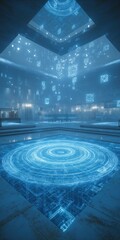 Wall Mural - A futuristic interior with glowing blue holographic projections. A circular data visualization covers the floor, while digital symbols float in the vast, modern space.