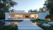 © stang - Modern minimalist house design with expansive glass windows surrounded by trees and a serene pathway leading to a peaceful outdoor space at dusk