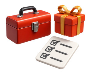 3D icons set with tools, gift, and checklist in a structured layout.