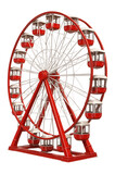 Red and white Ferris wheel with gondolas.