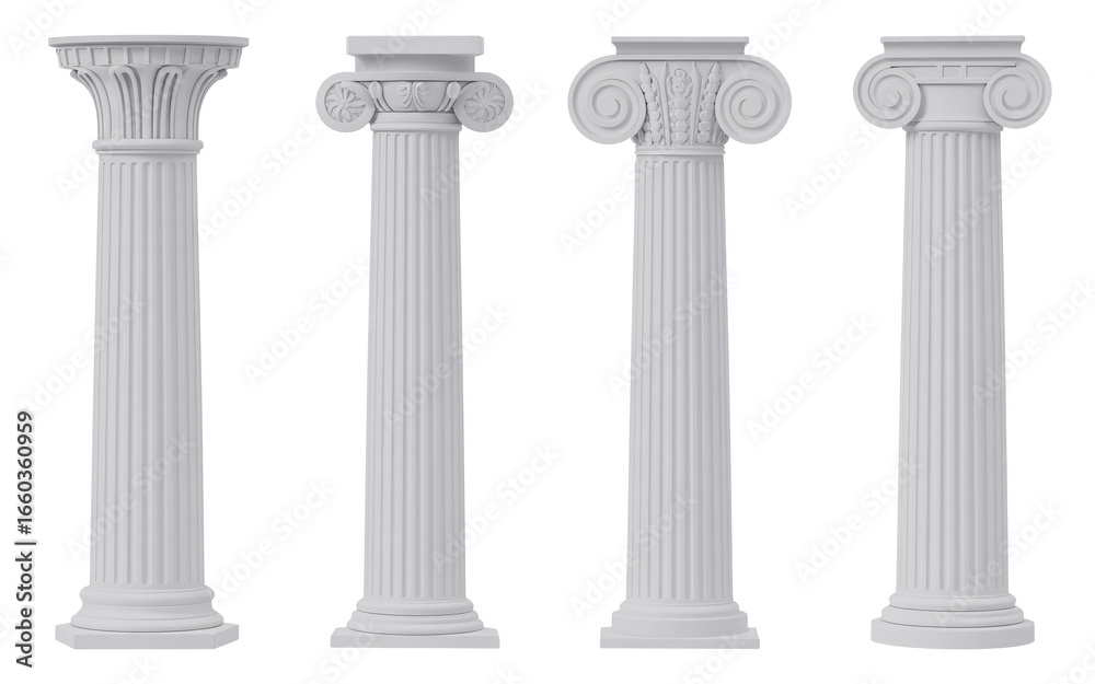 Four classical architectural columns on transparent background