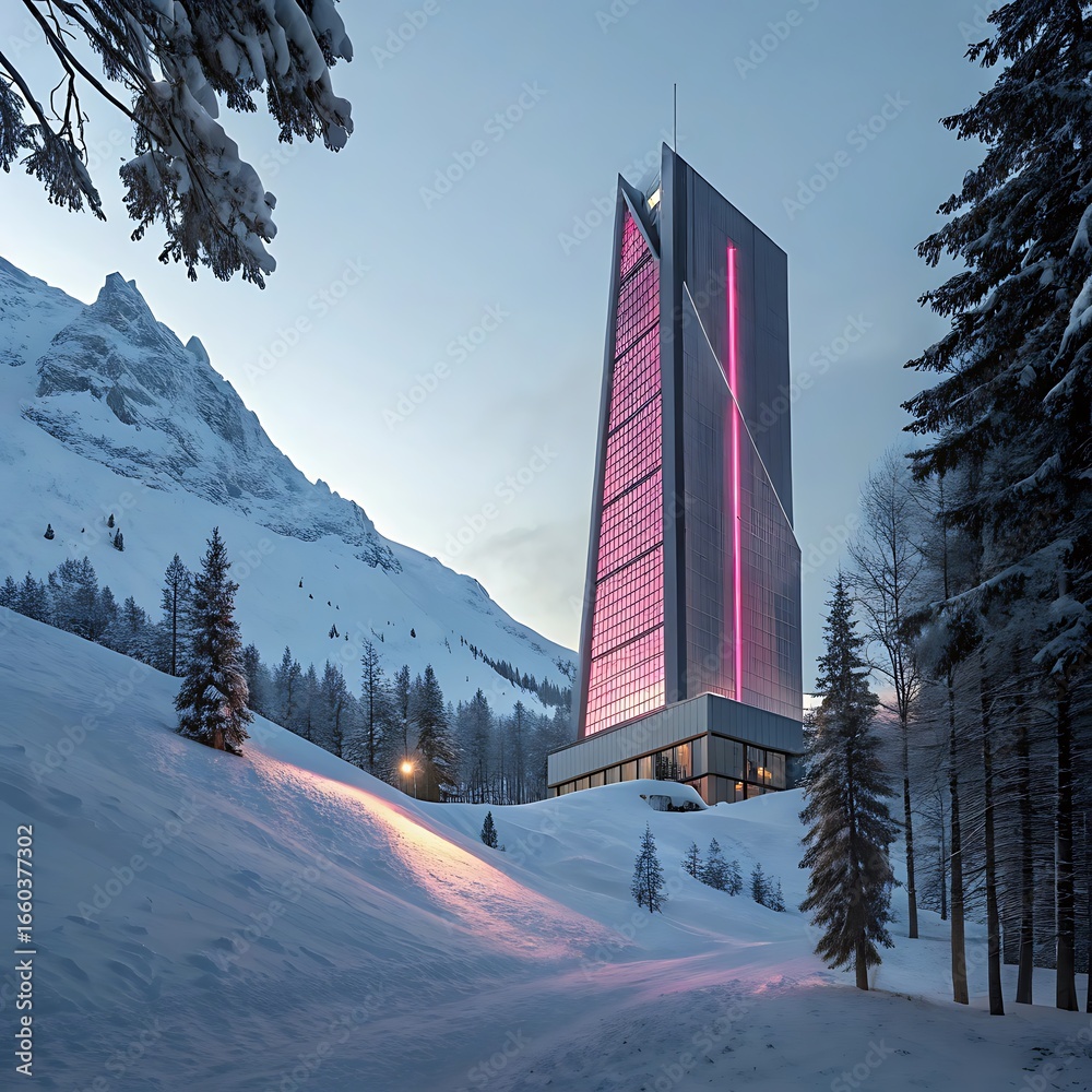 Modern ski resort hotel illuminated at dusk snowy mountain landscape ...