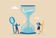 © Yeasin - Time management or employee timesheet analysis, time tracking efficiency or productivity, working hour or project schedule concept, business people project manager analyze time graph in sandglass.