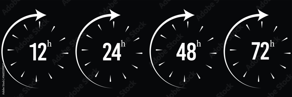 Large Arrowed Timeline Clocks. Blue horizontal set of three open clocks ...