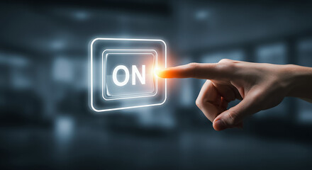 Finger pressing a glowing on button activating a futuristic interface with a bright light effect
