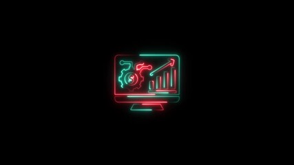 Neon laptop with code data and settings on black background representing software development animation on black background.